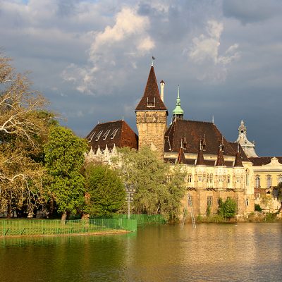 Budapest Vajdahunyad Castle in City Park with stormy clouds